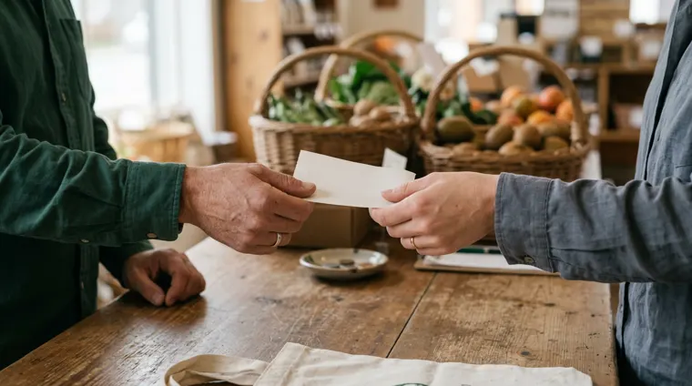 A cashier handing a paper receipt across a co-op checkout counter