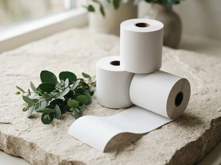 Rolls of blank SaferReceipt thermal paper on a pale stone surface